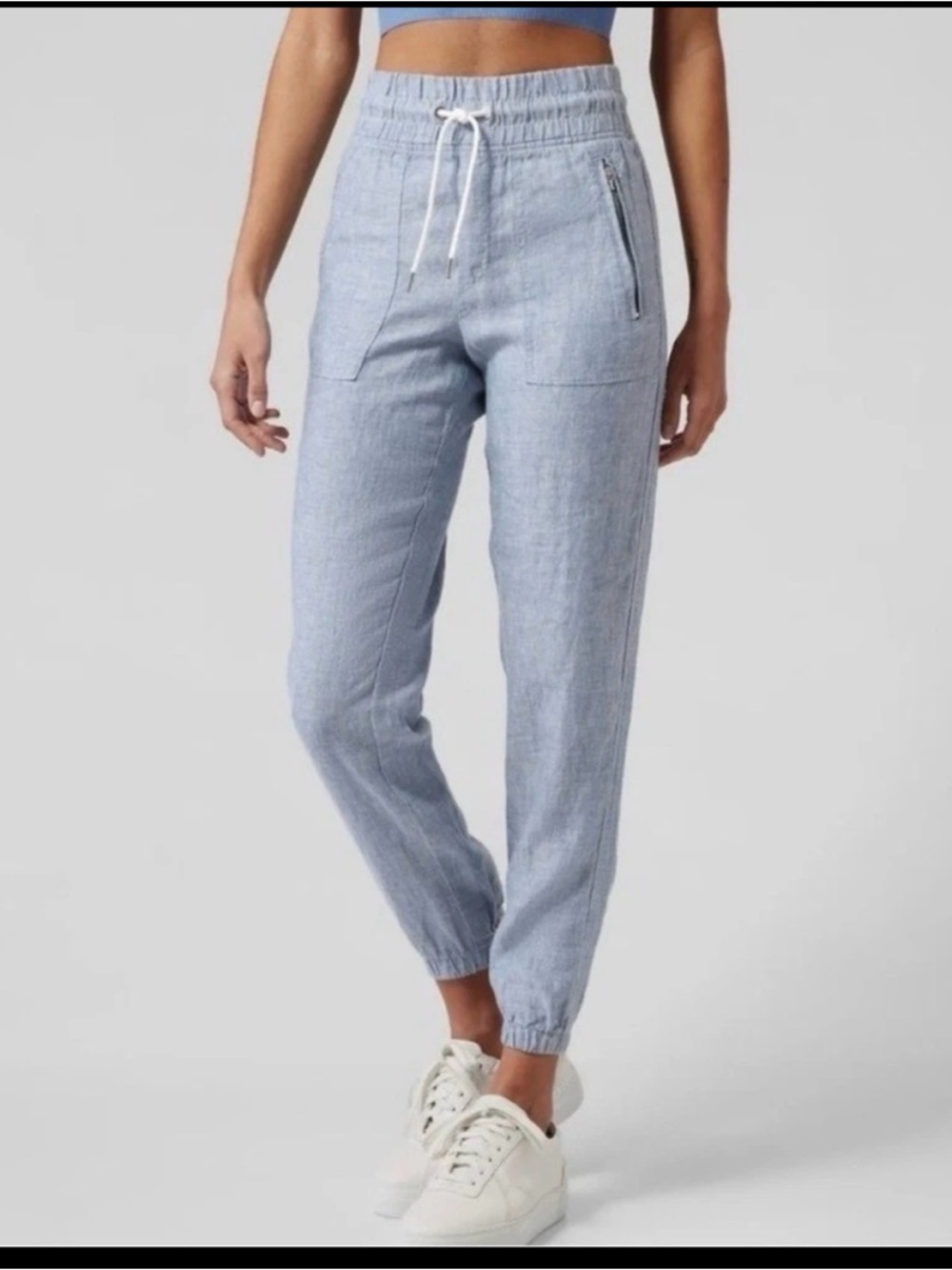Athleta Linen Cabo Jogger Pants Blue Chambray Travel Beach Outdoor Women Size 12